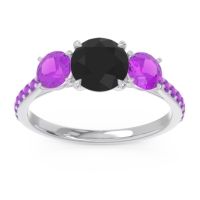 Black Onyx Ring In Palladium With Amethyst Trivisti Round Three-stone Ring