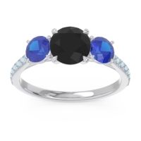 Black Onyx Ring In Palladium With Blue Sapphire And Aquamarine Trivisti Round Three-stone Ring