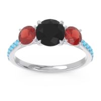 Black Onyx Ring In Palladium With Garnet And Swiss Blue Topaz Trivisti Round Three-stone Ring
