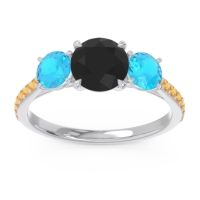 Black Onyx Ring In Palladium With Swiss Blue Topaz And Citrine Trivisti Round Three-stone Ring