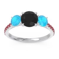 Black Onyx Ring In Palladium With Swiss Blue Topaz And Ruby Trivisti Round Three-stone Ring