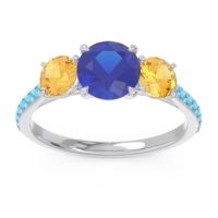 Lab Blue Sapphire Ring In Palladium With Citrine And Swiss Blue Topaz Trivisti Round Three-stone Ring