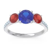 Lab Blue Sapphire Ring In 18k White Gold With Garnet And Aquamarine Trivisti Round Three-stone Ring