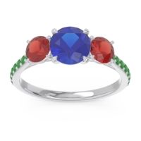 Blue Sapphire Ring In Palladium With Garnet And Emerald Trivisti Round Three-stone Ring