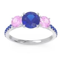 Lab Blue Sapphire Ring In 14k White Gold With Pink Tourmaline And Blue Sapphire Trivisti Round Three-stone Ring