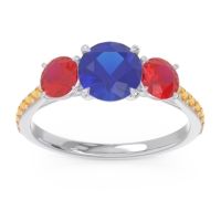 Lab Blue Sapphire Ring In Palladium With Ruby And Citrine Trivisti Round Three-stone Ring
