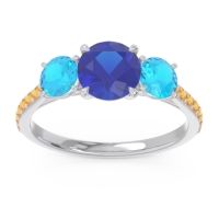 Lab Blue Sapphire Ring In Palladium With Swiss Blue Topaz And Citrine Trivisti Round Three-stone Ring