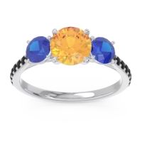 Citrine Ring In Palladium With Blue Sapphire And Black Onyx Trivisti Round Three-stone Ring