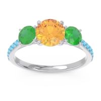 Citrine Ring In Palladium With Emerald And Swiss Blue Topaz Trivisti Round Three-stone Ring