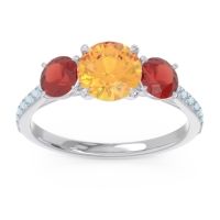 Citrine Ring In 18k White Gold With Garnet And Aquamarine Trivisti Round Three-stone Ring