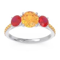 Citrine Ring In Palladium With Ruby Trivisti Round Three-stone Ring