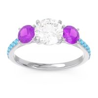 Lab Diamond Ring In Palladium With Amethyst And Swiss Blue Topaz Trivisti Round Three-stone Ring