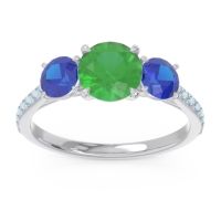 Lab Emerald Ring In Palladium With Blue Sapphire And Aquamarine Trivisti Round Three-stone Ring