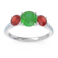 Emerald Ring In 18k White Gold With Garnet And Aquamarine Trivisti Round Three-stone Ring