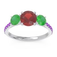 Garnet Ring In Palladium With Emerald And Amethyst Trivisti Round Three-stone Ring