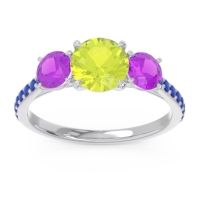 Peridot Ring In 14k White Gold With Amethyst And Blue Sapphire Trivisti Round Three-stone Ring