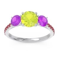 Peridot Ring In Palladium With Amethyst And Ruby Trivisti Round Three-stone Ring