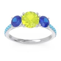 Peridot Ring In Palladium With Blue Sapphire And Swiss Blue Topaz Trivisti Round Three-stone Ring