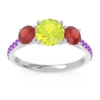Peridot Ring In 18k White Gold With Garnet And Amethyst Trivisti Round Three-stone Ring