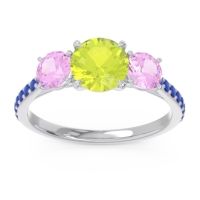Peridot Ring In 18k White Gold With Pink Tourmaline And Blue Sapphire Trivisti Round Three-stone Ring
