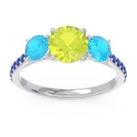 Peridot Ring In 14k White Gold With Swiss Blue Topaz And Blue Sapphire Trivisti Round Three-stone Ring