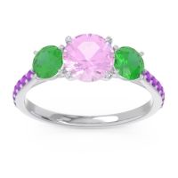 Pink Tourmaline Ring In Palladium With Emerald And Amethyst Trivisti Round Three-stone Ring