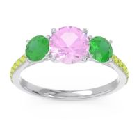 Pink Tourmaline Ring In 14k White Gold With Emerald And Peridot Trivisti Round Three-stone Ring