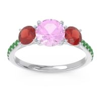 Pink Tourmaline Ring In Palladium With Garnet And Emerald Trivisti Round Three-stone Ring