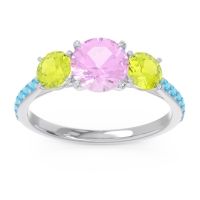 Pink Tourmaline Ring In Palladium With Peridot And Swiss Blue Topaz Trivisti Round Three-stone Ring
