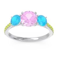 Pink Tourmaline Ring In 14k White Gold With Swiss Blue Topaz And Peridot Trivisti Round Three-stone Ring