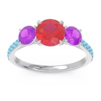 Ruby Ring In 14k White Gold With Amethyst And Swiss Blue Topaz Trivisti Round Three-stone Ring