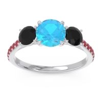 Swiss Blue Topaz Ring In Palladium With Black Onyx And Ruby Trivisti Round Three-stone Ring