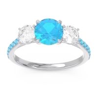 Swiss Blue Topaz Ring In Palladium With Lab Diamond Trivisti Round Three-stone Ring