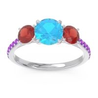Swiss Blue Topaz Ring In Palladium With Garnet And Amethyst Trivisti Round Three-stone Ring