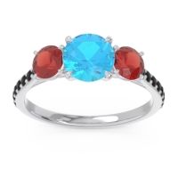 Swiss Blue Topaz Ring In Palladium With Garnet And Black Onyx Trivisti Round Three-stone Ring