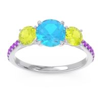 Swiss Blue Topaz Ring In Palladium With Peridot And Amethyst Trivisti Round Three-stone Ring