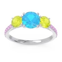 Swiss Blue Topaz Ring In Palladium With Peridot And Pink Tourmaline Trivisti Round Three-stone Ring