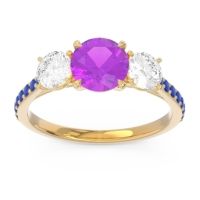 Amethyst Ring In 14k Yellow Gold With Lab Diamond And Blue Sapphire Trivisti Round Three-stone Ring