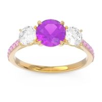 Amethyst Ring In 14k Yellow Gold With Lab Diamond And Pink Tourmaline Trivisti Round Three-stone Ring