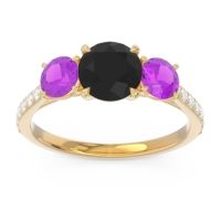 Black Onyx Engagement Ring In 14k Yellow Gold With Amethyst And Diamond - Trivisti Round Three-stone Ring
