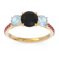 Black Onyx Ring In 14k Yellow Gold With Aquamarine And Ruby Trivisti Round Three-stone Ring