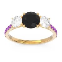 Black Onyx Ring In 14k Yellow Gold With Diamond And Amethyst Trivisti Round Three-stone Ring