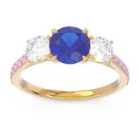 Lab Blue Sapphire Ring In 14k Yellow Gold With Diamond And Pink Tourmaline Trivisti Round Three-stone Ring