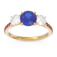 Lab Blue Sapphire Ring In 14k Yellow Gold With Lab Diamond And Ruby Trivisti Round Three-stone Ring