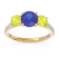 Lab Blue Sapphire Ring In 18k Yellow Gold With Peridot And Aquamarine Trivisti Round Three-stone Ring
