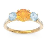 Citrine Ring In 14k Yellow Gold With Aquamarine And Lab Diamond Trivisti Round Three-stone Ring