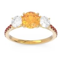 Citrine Ring In 14k Yellow Gold With Diamond And Garnet Trivisti Round Three-stone Ring
