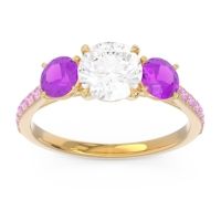 Lab Diamond Ring In 14k Yellow Gold With Amethyst And Pink Tourmaline Trivisti Round Three-stone Ring