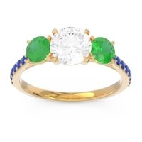 Lab Diamond Ring In 14k Yellow Gold With Emerald And Blue Sapphire Trivisti Round Three-stone Ring