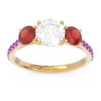 Lab Diamond Ring In 14k Yellow Gold With Garnet And Amethyst Trivisti Round Three-stone Ring